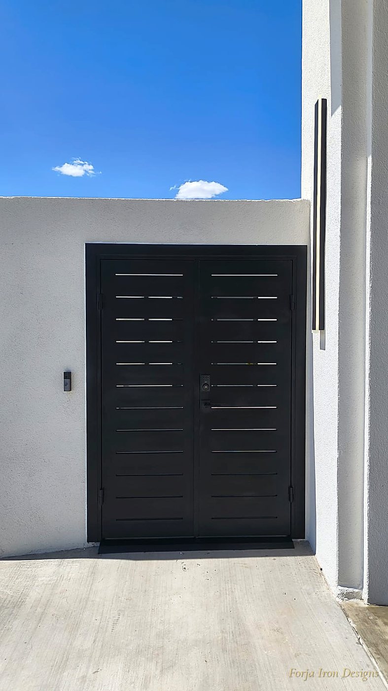 Modern black iron slat double entry doors